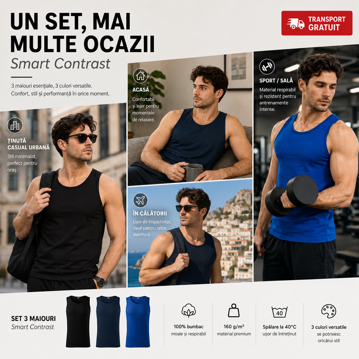 Set 3 maiouri bărbat Smart Contrast pentru sport, sală, acasă, oraș, vacanță și ținute casual